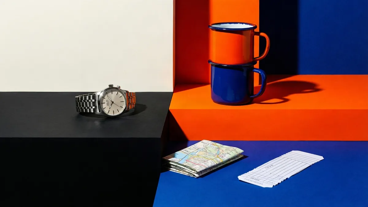 A steel wristwatch with a plain unmarked dial lying on a black block, two stacked enamel camp mugs in orange and blue on an orange block, and a folded road map beside a pair of blank paper ticket stubs on a cobalt surface