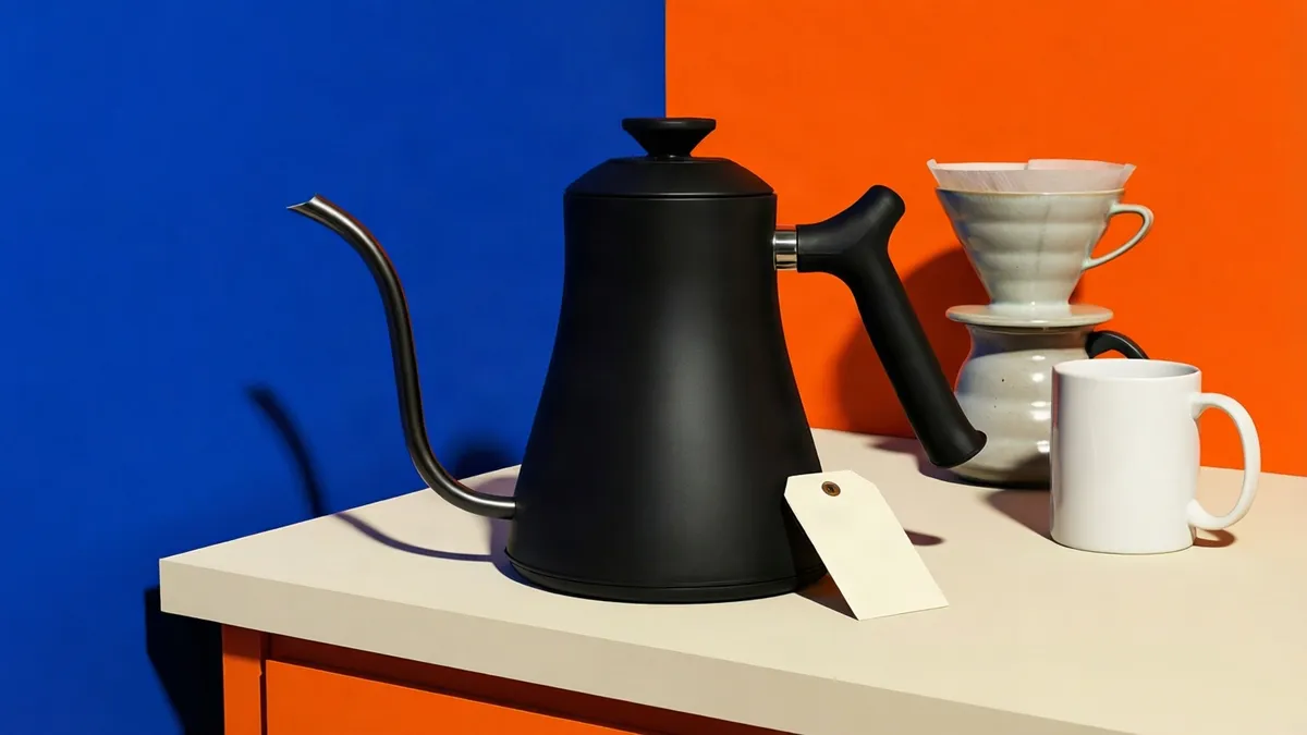 A matte black gooseneck kettle with a polished spout on a bone-colored counter, next to a blank cream gift card.