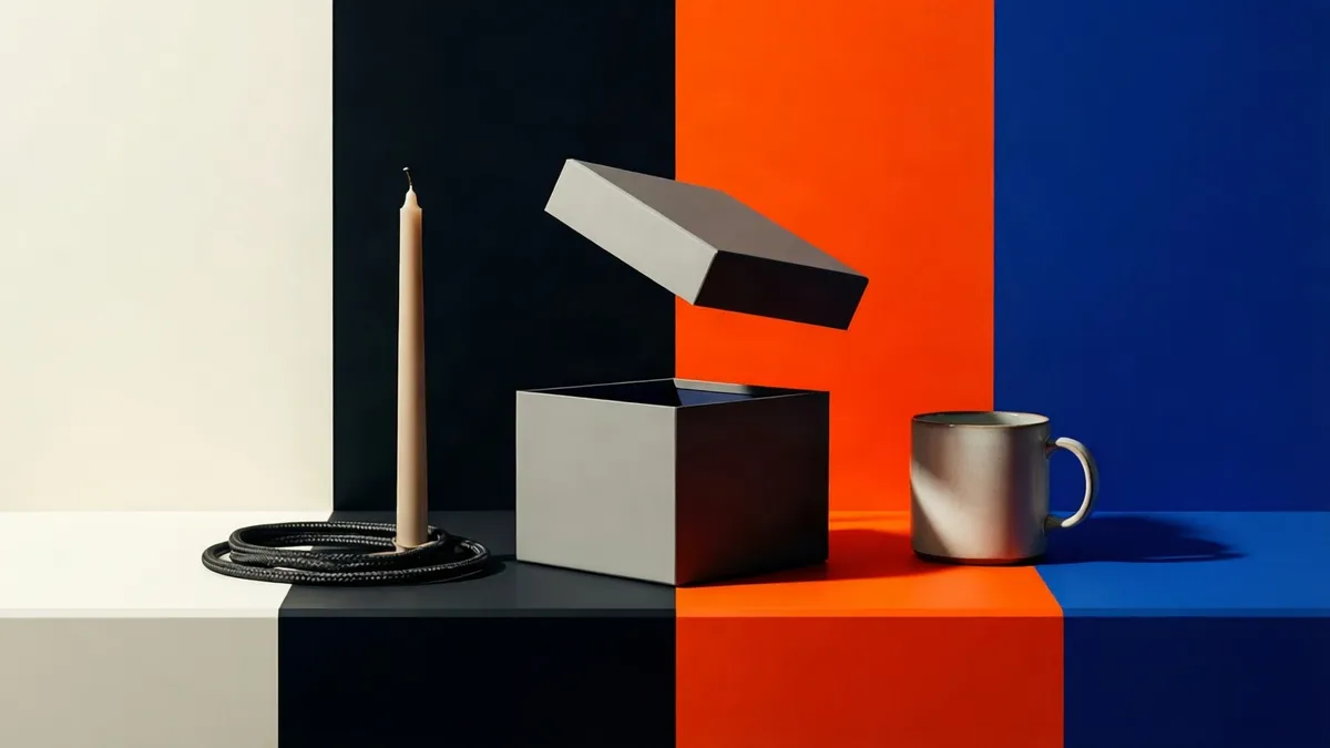 Flat blocks of bone white, black, orange and cobalt with a plain gift box at the center, its lid lifted and hovering above it, a slim unlit candle standing to the left beside a coiled braided cable, and a pale ceramic mug on the right