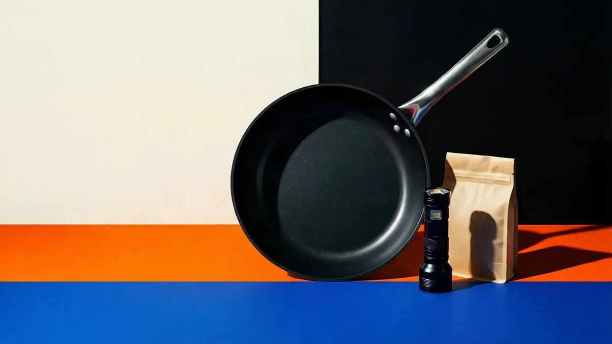 A black frying pan standing on edge against flat blocks of cream, black, orange and blue, with a small metal flashlight and a plain kraft bag of coffee beside it