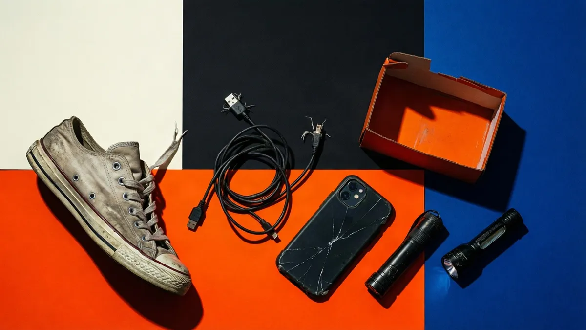 Flat blocks of bone white, black, orange and cobalt holding a flat lay of worn objects: a scuffed canvas sneaker, a coiled frayed charging cable, a cracked phone case, two battered pocket flashlights, and an empty open shoebox on the orange block