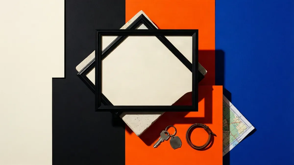 Flat blocks of bone white, black, orange and cobalt with a plain black picture frame holding a blank print lying across them, a steel keyring tag and a leather cord bracelet on the orange block, and the corner of a folded road map on the blue